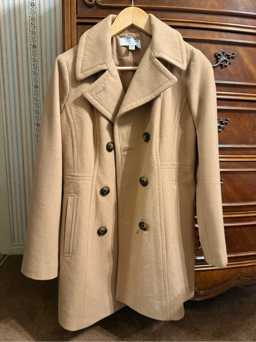 Anne Klein Camel Double-Breasted Pea Coat